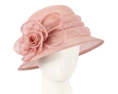 Elegant dusty pink sinamay hat with hand made flower from Max Alexander collection. Featuring cloche bucket hat design with classic small brim, this is a perfect hat for races or any occasion.  Designed in Australia by Max Alexander  Classic cloche shape  Sinamay hat  Fits sizes up to 58cm Spring Formal Cloche Hat With Short Brim, Formal Spring Cloche Hat With Short Brim, Spring Party Bucket Hat With Short Brim, Pink Adjustable Cloche Hat For Spring, Spring Formal Cloche Hat, Pink Bucket Hat For Kentucky Derby, Wide Brim Bucket Hat For Spring Party, Spring Party Bucket Hat With Curved Brim, Spring Party Bucket Hat