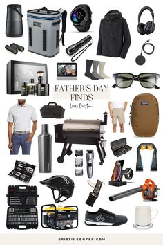 a collage of fathers day items including sunglasses, coffee mug, camera and other things