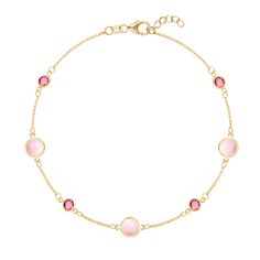 Alternating 4 understated Classic pink tourmalines and 3 eye-catching Grand Pink Opals in this glittering 14k gold station chain bracelet make it the perfect combination of two of Haverhill’s signature styles. • Made with 14k Yellow Gold.• Features briolette cut, bezel set alternating 4mm pink tourmalines and 6 mm pink Luxury Pink Gold Elegant Bracelet, Luxury Pink Gold Bracelet As Gift, Luxury Pink Gold Bracelet For Gift, Elegant Pink Chain Bracelet With Adjustable Chain, Pink 14k Gold Jewelry With Bezel Setting, Elegant Pink Gold Jewelry With Bezel Setting, Elegant Pink 14k Gold Bracelets, Elegant Pink Gold Round Bracelet, Luxury Pink Jewelry With Bezel Setting