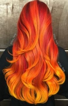 Wavy Red, Orange, & Yellow Ombre♡ #Hairstyle #Dyed_Hair #Beauty Light Balayage, Cheveux Oranges, Yellow Hair Color, Vivid Hair, Pravana Vivids, Cosplay Inspiration, Guy Tang, Bright Hair Colors