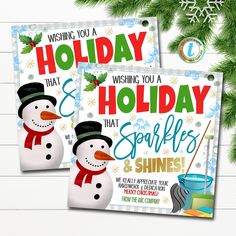 two holiday cards with snowmen on them and the words, wishing you a happy holidays