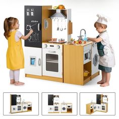 two children playing with a play kitchen set