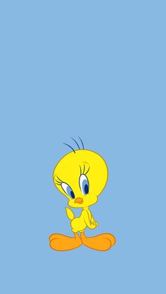 an animated yellow bird with blue eyes and orange feet, standing in front of a blue background