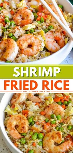 shrimp fried rice in a white bowl with chopsticks on top and the words shrimp fried rice above it