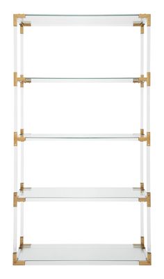 three glass shelves with gold trims on each shelf