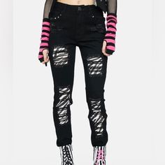 The Grave Girls By Dollskill With Black Studs And Zebra Print On The Sides! Sold Out And Hard To Find! In Great Condition Got From The Dollskill Warehouse And It Did Not Fit. *I Do Not Know If It Is A Size 2 Just Guesding* Black Ripped Punk Bottoms, Alternative Style Ripped Black Bottoms, Edgy Black Bottoms With Holes, Black Cotton Emo Bottoms, Black Emo Style Bottoms For Summer, Black Emo Style Party Bottoms, Black Emo Party Bottoms, Edgy Cotton Bottoms For Party, Edgy Cotton Party Bottoms