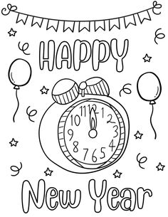 a happy new year coloring page with an alarm clock