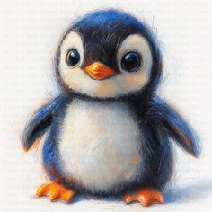 a drawing of a small penguin with blue eyes and an orange beak, standing in front of a white background