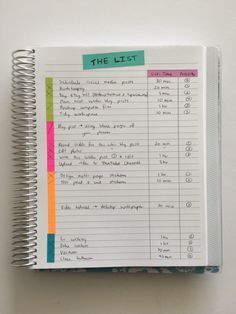 a spiral notebook with the list written on it and colorful sticky notes attached to each page