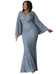 Weitese Mermaid / Trumpet Wedding Guest Dresses Plus Size Dress Cocktail Party Black Tie Floor Length Long Sleeve Scoop Neck Sequined with Glitter Sequence Dress Long Gowns Plus Size, Trumpet Sleeves, Trumpet Dress, Trumpet Sleeve, Sequin Maxi, Party Gown, Elegant Dresses For Women, Maxi Dress Formal, Gowns With Sleeves