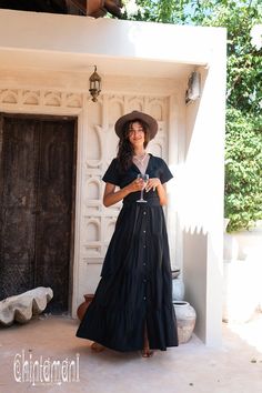 Cotton Maxi Shirt Dress Women Bohemian Clothing Medieval Dress Long Western Tiered Gown Buttoned Short Sleeve Renaissance Dress/ Black image 5 Fitted Peasant Maxi Dress For Summer, Black Peasant Dress For Summer, Cotton Peasant Maxi Dress For Summer, Black Image, Maxi Shirt Dress, Cotton Maxi, Medieval Dress, Bohemian Clothes, Long Dress