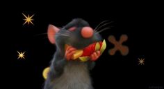 a cartoon rat holding a red and yellow object in its mouth with stars behind it