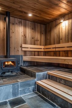 a wood burning stove sitting inside of a wooden room filled with benches and stone steps