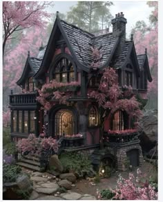 Pink And Black Victorian House, Goth House Exterior, Edwardian Cottage, Dark Cottagecore House, Gothic Homes, Gothic Cottage, Goth Houses