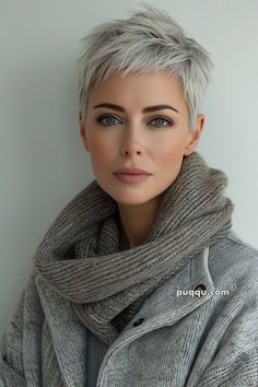 Stunning Pixie Haircuts to Rock Your Gray Hair - Puqqu Short Hair At 50, Women’s Short Pixie Haircuts, Fauxhawk Pixie For Women, Short Gray Pixie Haircuts, Pixie Cute Hairstyles, Short Pixie Grey Hair, Bright Blonde Hair Short, Pixie Cuts For Square Faces, Pixie Cuts For Round Faces Plus Size