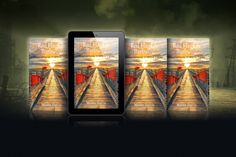 three book covers with an image of a bridge and the sun in the sky behind them