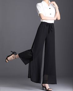 * A pair of chiffon cropped pants, wide leg hem, like a skirt. * Lightweight high quality chiffon fabric, fit for summer. * We can custom make the size and length, if you need custom make, please let us know, thanks. * Materials: hight quality pearl chiffon(100% polyester) Shop sizing chart FYI ( actual body figures, not laying flat clothes measurements) Size XS (US 2, UK 6, German 32, French 34) Bust: fits bust around 33.5 inches/85cm Waist: fits waist around 26 inches/66cm Hips: fits hips arou Chiffon Trousers, Fits For Summer, Cropped Pants Women, Body Figure, Womens Pants, Summer Pants, Pants Wide Leg, Chiffon Skirt, Hight Quality