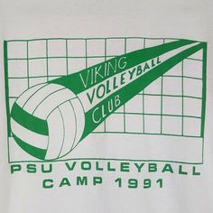 a white tshirt with green lettering and a volleyball ball on the front that says viking volleyball camp191