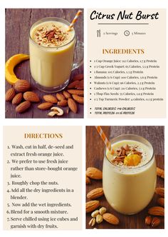 the ingredients for a smoothie are shown in three different pictures, including almonds and milk