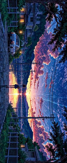 an image of the sky and water at night with stairs leading up to it's top