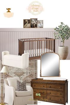 a baby's room with a crib, chair and dresser in it is shown