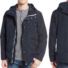 Lightweight And Versatile, This Hooded Rain Jacket Features A Breathable Mesh Lining And Double-Entry Pockets To Keep Your Hands Warm And Dry. Navy Casual Outerwear For Travel, Black Rain Jacket, Mens Rain Jacket, Double Entry, Field Coat, Hooded Rain Jacket, Tan Jacket, Cole Haan Zerogrand, Cole Haan Men