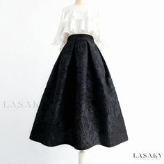 Lasaky - Black Floral Jacquard A-Line Skirt with Volume Black Flower Pattern, Black Flare Skirt, Womens Pleated Skirt, Umbrella Skirt, Skirt Suits, Jacquard Skirt, Pleated Long Skirt, Length Measurement, Zipper Skirt