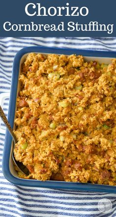 a blue casserole dish with cornbread stuffing in it and text overlay