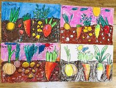 four drawings of carrots, radishes, and lemons in different colors