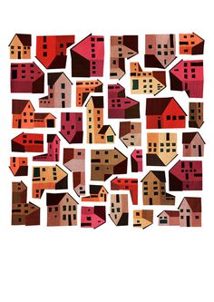 a group of houses that are in the middle of a white background with red and orange colors