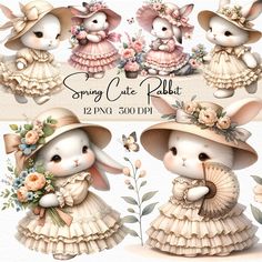 some cute little rabbits in dresses and hats