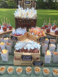 a table topped with baskets filled with food