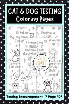 the cat and dog testing coloring pages are shown in black and white with polka dots