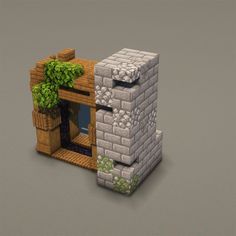 a small building made out of bricks with plants growing on the windowsills and doors