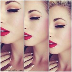 Perfect cat eye and red lipstick for glam makeup look. #makeup Hd Make Up, 50s Makeup, Perfect Cat Eye, Melt Cosmetics, Glam Makeup Look, Red Lip