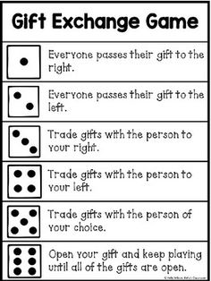 a printable gift exchange game with four dices and the words,'give your gifts