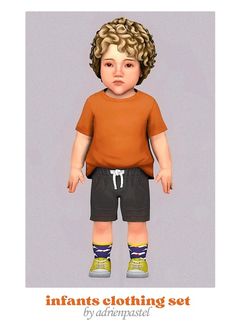 an animated image of a little boy with curly hair wearing shorts and a t - shirt