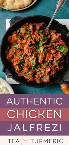 authentic chicken jalfrezi recipe in a cast iron skillet with text overlay