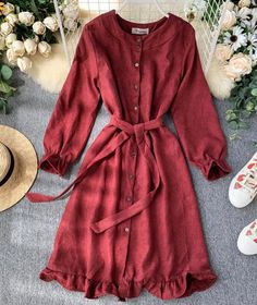 Long Sleeve Ruffle Hem Button Down Dress P307 – PreppyDress Solid Buttoned Dresses For Fall, Fall Solid Color Dress With Buttons, Solid Fall Dress With Buttons, Buttoned Dresses For Fall, Fall Solid Color Buttoned Dresses, Casual Dresses With Stand Collar, Winter Button-up Solid Color Dresses, Casual Burgundy Dress For Fall, Solid Winter Dress With Button Closure