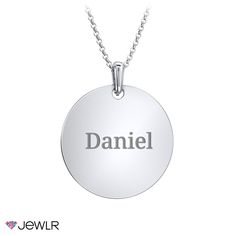 This disk necklace is a classic piece to customize for yourself, or the perfect gift for a friend or loved one. Personalize by engraving a name, significant date, or meaningful message. Create yours in sterling silver, white, or yellow gold with a choice of chain. Classic White Gold Name Necklace, Engraved White Gold Custom Nameplate Necklace, Engraved White Gold Name Necklace For Everyday, Engraved White Gold Name Necklace, Engraved White Gold Name Necklace For Everyday Wear, Classic Engraved Name Necklace For Personalized Gift, Classic Personalized White Gold Custom Necklace, Classic White Gold Personalized Necklace, Classic Round Jewelry For Personalized Gift