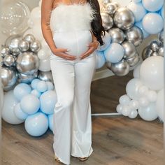 Selling Two Jumpsuits - One Worn, One Still In Plastic Wrap With Tags. White Maternity Outfit, Baby Shower Outfits For Mom Black Woman, White Baby Shower Dress, Feather Jumpsuit, Baby Shower Outfit Ideas, Patent Leather Pants, Cute Pregnancy Pictures, Pregnancy Pictures, White Baby Showers