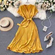 Elegant V-Neck Lace-Up Waist Pleated Midi Retro Dress Error Pic, Long Dresses Summer, Summer Streetwear, Office Dresses, Long Summer Dresses, Dresses Summer, Long Dresses, Party Dresses For Women, Looks Vintage