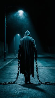 a man walking down the street with chains attached to his legs and wearing a hooded jacket