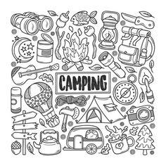 the word camping surrounded by hand drawn doodles and icons in black and white