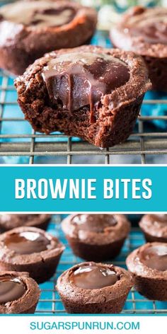 chocolate brownie bites on a cooling rack with text overlay that reads, chocolate brownie bites