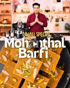 a man standing in front of a black plate with food on it and the words mohalli barfi