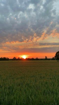 the sun is setting over an open field