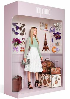 a woman standing in front of a display case with suitcases and shoes on it