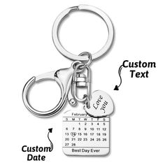 a keychain with the date and time printed on it, labeled custom text