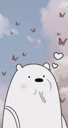 a polar bear with butterflies flying in the sky behind it and an image of a butterfly coming out of its mouth